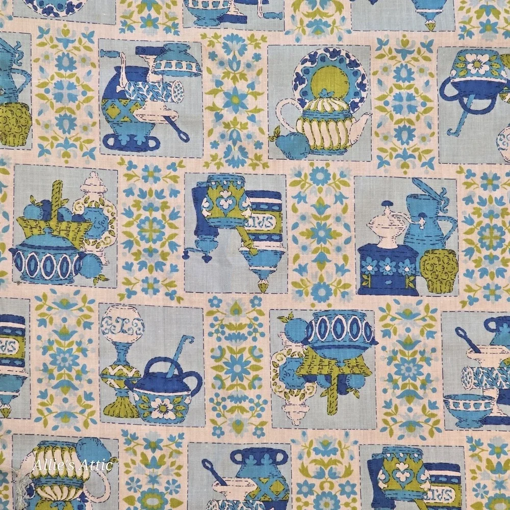 Vintage Sewing Fabric Kitchen Coffee Tea Floral 70s Blue Green 4+yd Cotton
